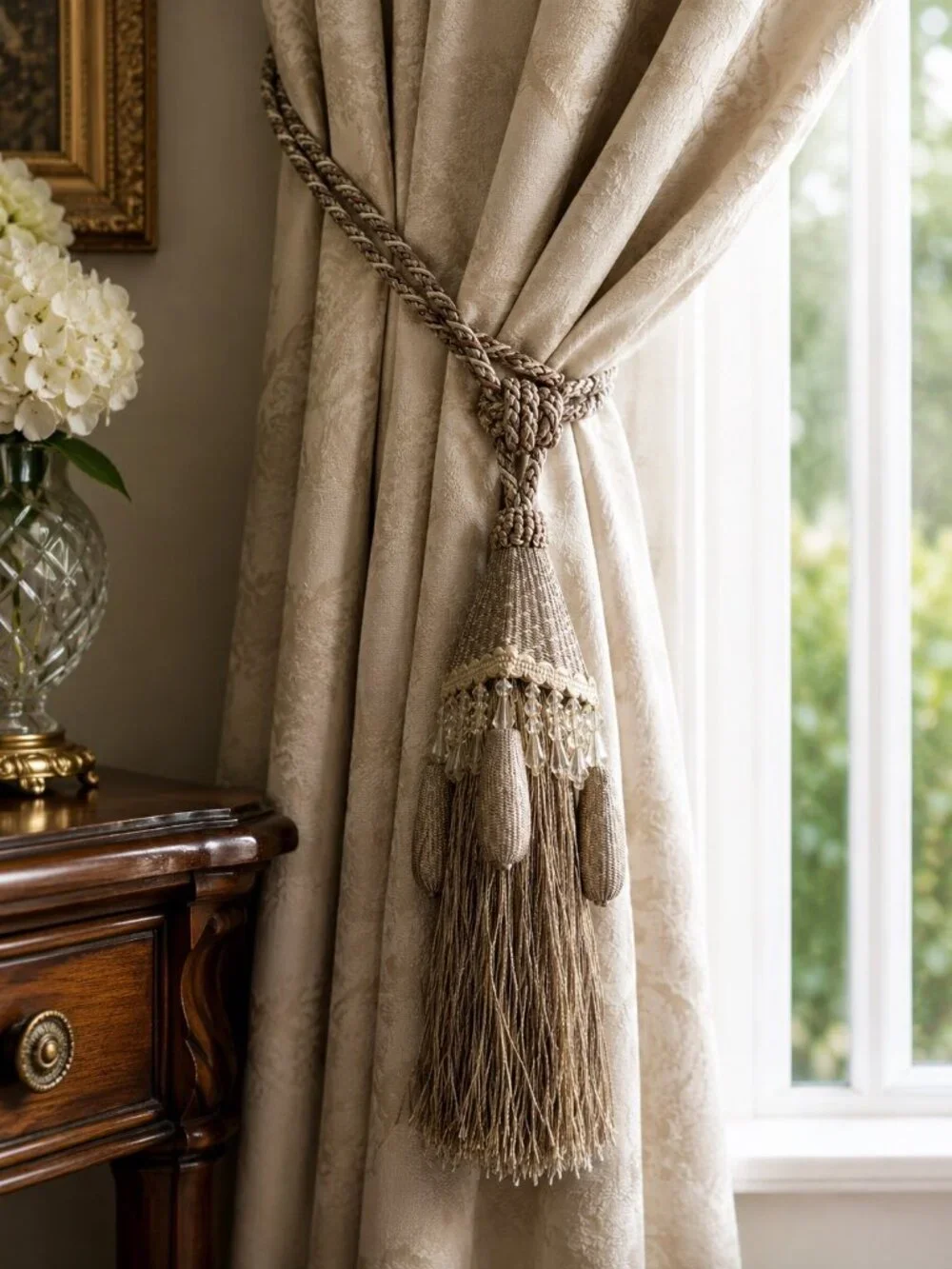 Decorative Beaded Curtain Tieback 26 Inch Taupe Champagne Tassel Drapery Holdbac